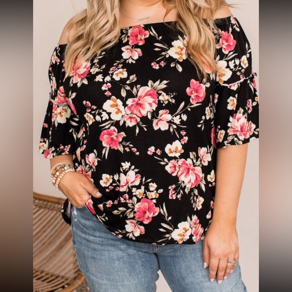 Off the shoulder black and floral print top. New in bag, unbranded, comfortable - Picture 7 of 8